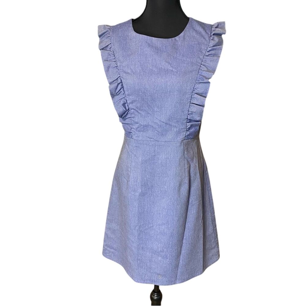 FRNCH Blue chambray Mini Dress with ruffle sleeve medium cotton blend